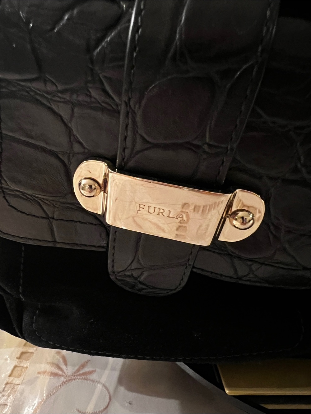 Furla Black Suede Croc Embossed Leather Shoulder Satchel Bag - Picture 5 of 14